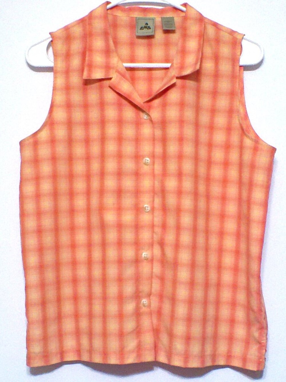 EMS Women’s Small Orange Plaid Sleeveless Button Front Outdoor Hiking Shirt
